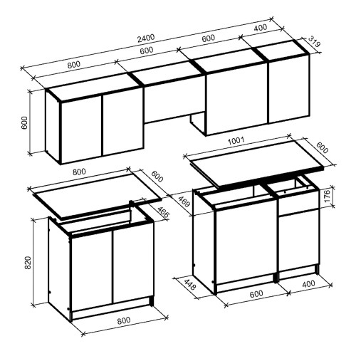 TAMARA 240 kitchen set, color: front - grey marble / black, body – carbon wood, worktop – grey