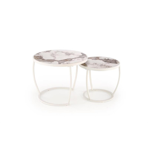 INES  set of two coffee tables, beige marble / white