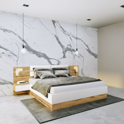 Двойно легло Pretty DIOMMI LED бяло-орех с място за съхранение 160x200 см