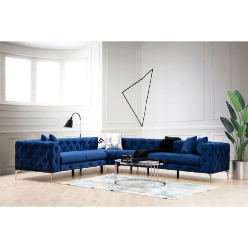 Corner sofa with right angle PWF-0579 pakoworld type Chesterfield fabric blue 310/270x70cm