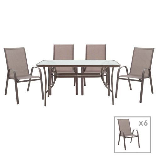 Garden dining set 7pcs Ensure-Calan pakoworld metal-glass brown 140x80x70cm