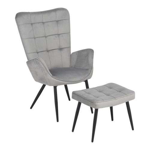 Armchair with footstool Dorita pakoworld velvet light gray-black leg 68.5x76x103cm