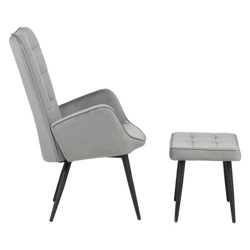Armchair with footstool Dorita pakoworld velvet light gray-black leg 68.5x76x103cm