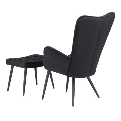 Armchair with footstool Dorita pakoworld velvet black-black leg 68.5x76x103cm