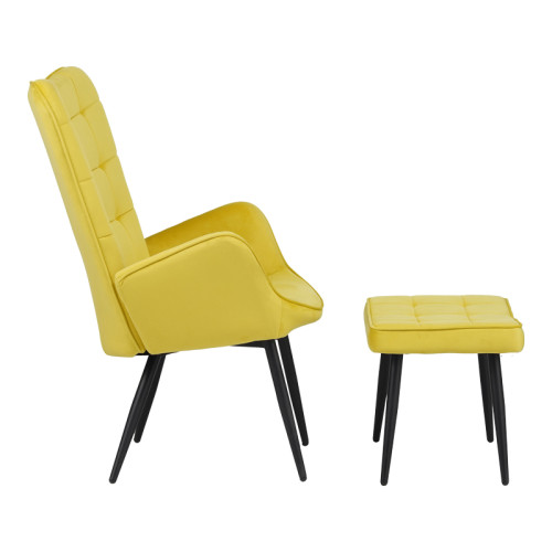 Armchair with footstool Dorita pakoworld velvet yellow-black leg 68.5x76x103cm