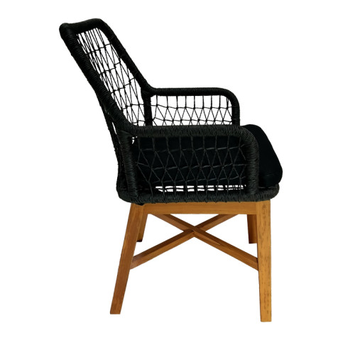 Armchair Elaiza teak wood and synthetic rope in natural-black shade with cushion 58x60x90cm