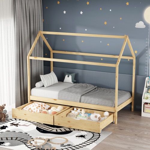 Children s bed Mellin Montessori type with 2 drawers pakoworld pine wood in a natural shade 90x190cm