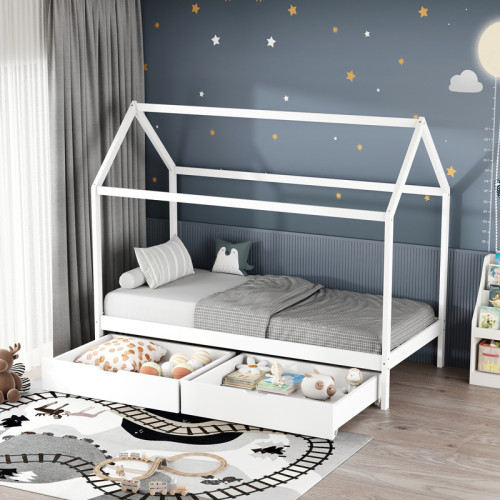 Children s bed Mellin Montessori type with 2 drawers pakoworld pine wood in white shade 90x190cm