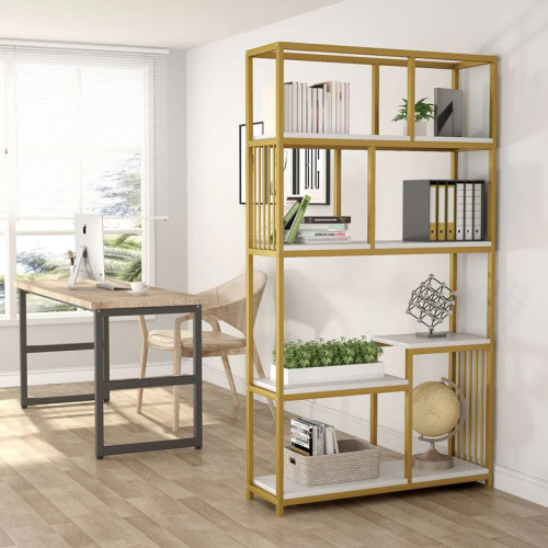 Denver pakoworld bookcase-shelf with gold metal frame and white marble finish 100x30x180cm