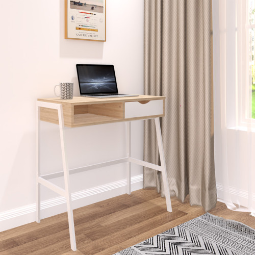 Office desk with shelf and drawer Rezio pakoworld in oak-white color with black metal leg 75x45x76cm