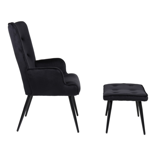 Armchair with footstool Siella pakoworld black velvet-black metal leg 59x67x94cm