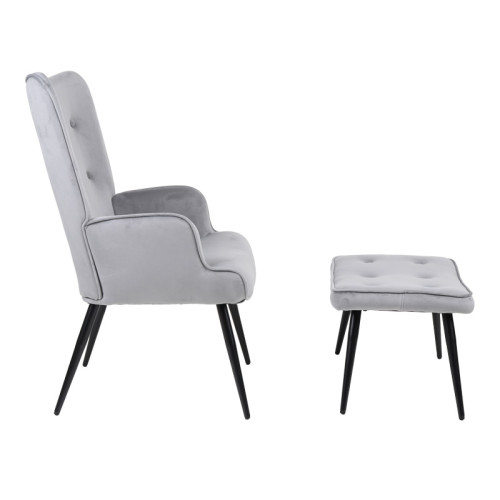 Armchair with footstool Siella pakoworld grey velvet-black metal leg 59x67x94cm