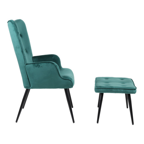 Armchair with footstool Siella pakoworld dark green velvet-black metal leg 59x67x94cm