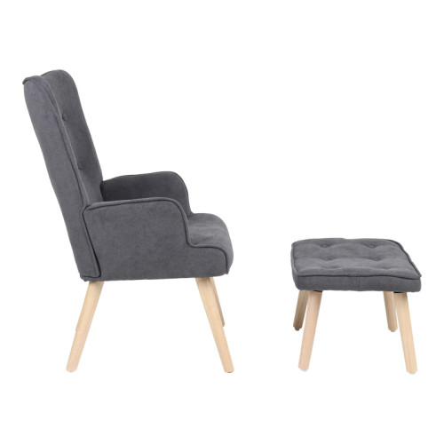 Armchair with footstool Melisia pakoworld fabric dark grey-natural color wooden leg 59x67x94cm