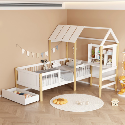 Bed for children Bedria pakoworld Montessori-style wood in white-natural color 190x90cm
