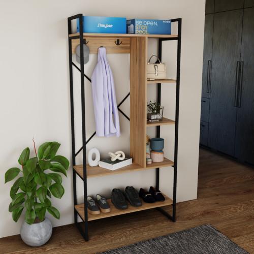 Feranda pakoworld entance furniture with oak shelves and black metal frame 88x34x180cm