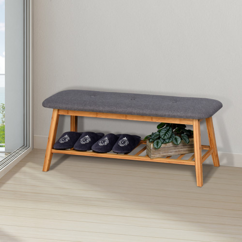 Shoe rack-Stool for 4 pairs of shoes Zerma pakoworld bamboo-fabric in natural-grey color 100x30.5x44cm