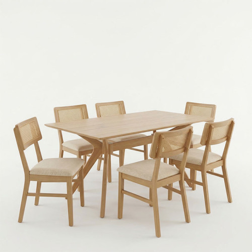 Raffles pakoworld dining set 7pcs rubberwood with pe rattan in natural color 150x90x76cm