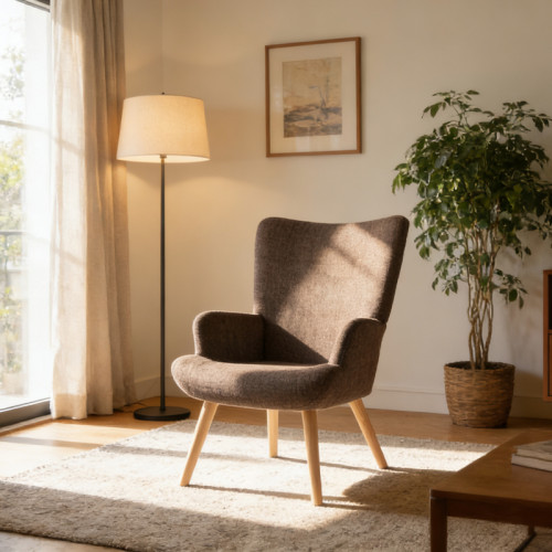 Armchair Gerlina pakoworld brown fabric and legs in natural color 71x64x94cm
