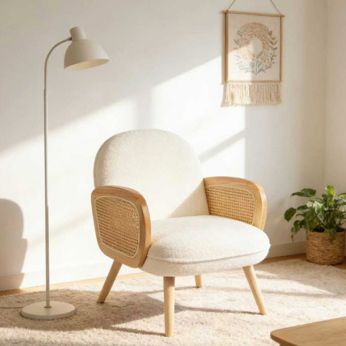 Armchair Stedy pakoworld white teddy fabric and legs in natural color 78x64x82cm
