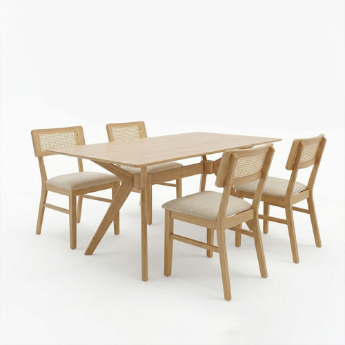 Raffles pakoworld dining set 5pcs rubberwood with pe rattan in natural color 150x90x76cm