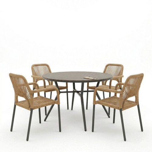 Dining table Appa-Norture set of 5 pieces pakoworld anthracite aluminum and rattan in natural shade D120x74cm