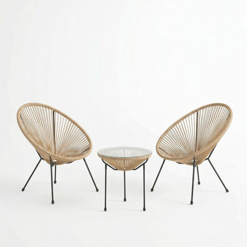 Acapulco pakoworld Outdoor Lounge Chair set 3 pieces black metal frame with PE rattan in natural color D50x52 cm