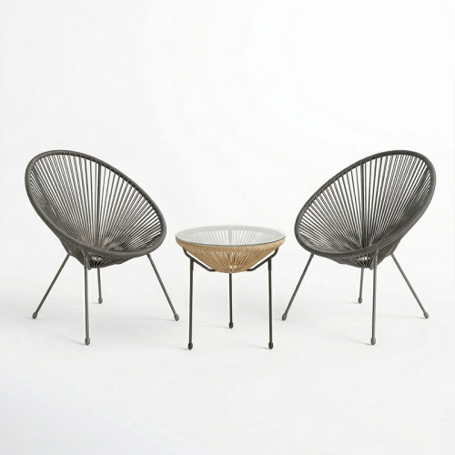 Acapulco pakoworld Outdoor Lounge Chair set 3 pieces black metal frame with PE rattan in natural color D50x52 cm