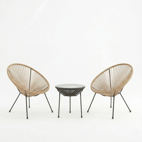 Acapulco pakoworld Outdoor Lounge Chair set 3 pieces black metal frame with PE rattan in natural color D50x52 cm