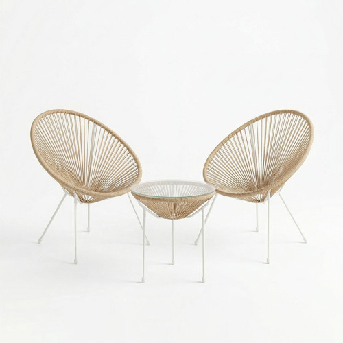 Acapulco pakoworld Outdoor Lounge Chair set 3 pieces white metal frame with PE rattan in natural color D50x52 cm