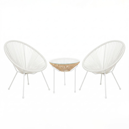 Acapulco pakoworld Outdoor Lounge Chair set 3 pieces white metal frame with PE rattan in natural color D50x52 cm