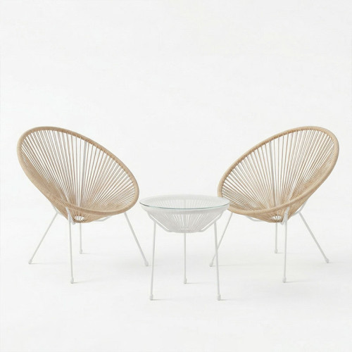 Acapulco pakoworld Outdoor Lounge Chair set 3 pieces white metal frame with PE rattan in natural color D50x52 cm