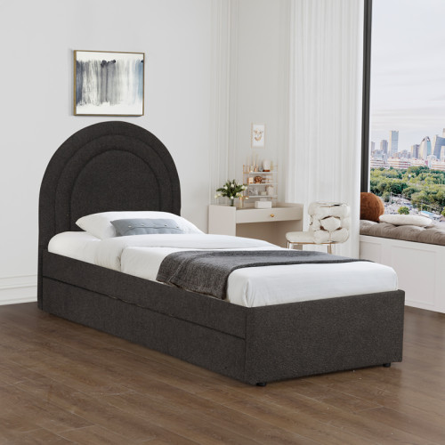 Arcuate pakoworld bed, anthracite boucle fabric, with sliding bed, 90x200cm