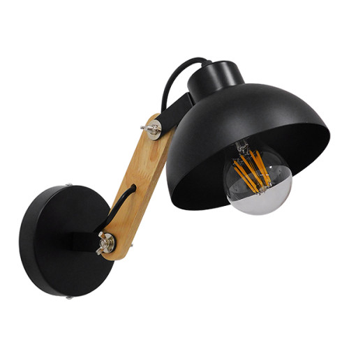 GRANT 00902 Модерна стенна лампа Аплик Единична лампа черна с дървено рамо Метал Φ15 x H12cm