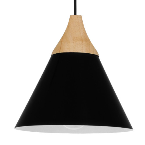 АБЮЖНИК 00906 Модерна висяща таванна лампа Единична светлина Черен метал с камбана от дърво Φ23 x H22cm