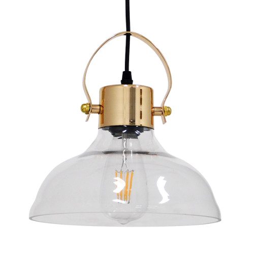  JAVER 00933 Винтидж висяща таванна лампа Единична лампа от прозрачно стъклено звънче със златен абажур Ш24 x В24см