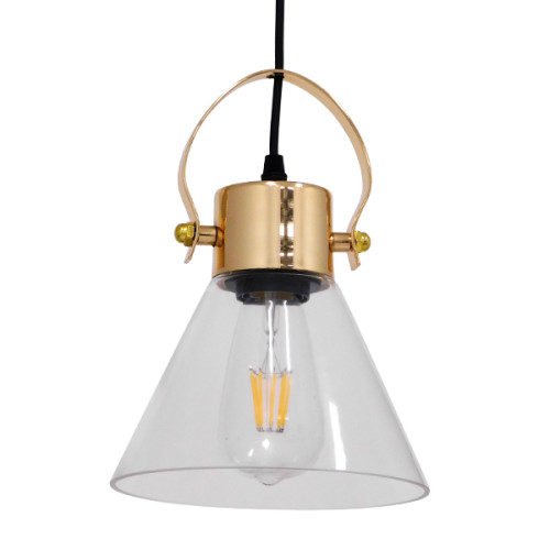  JAVER 00935 Винтидж висяща таванна лампа Единична лампа Прозрачна стъклена камбана със златен абажур Φ19 x H25cm