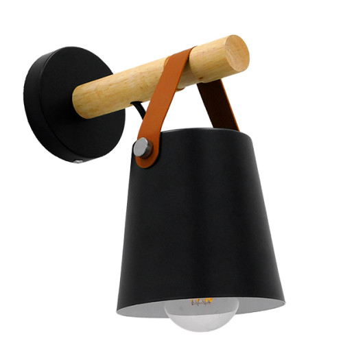 AMY 00947 Модерна стенна лампа Аплик Единична лампа черна с дърво и кожена каишка Метал Φ13 x M13 x W19 x H14cm