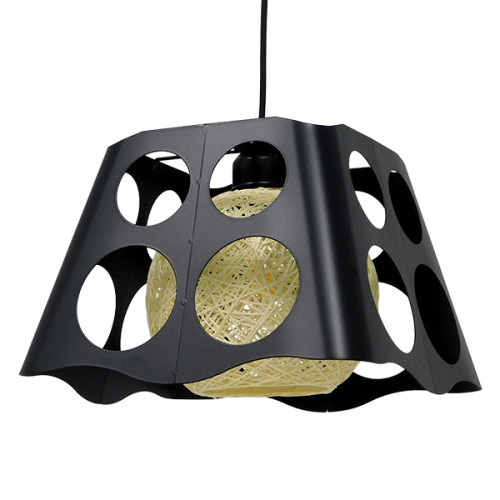 CARTER 00962 Модерна индустриална висяща таванна лампа Единична лампа черна с екрю метална мрежа M28 x W28 x H22cm