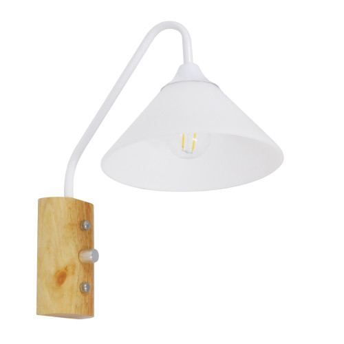ALESSIA 01458 Модерна стенна лампа Аплик Единична светлина Бяла с дървена основа и ключ за ВКЛ./ИЗКЛ. Метал Φ18 x H29cm