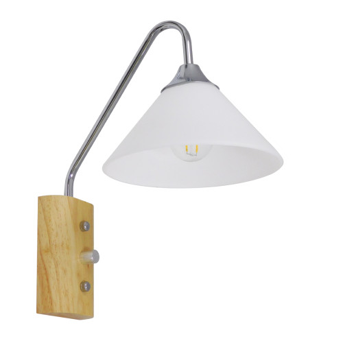 ALESSIA 01459 Модерна стенна лампа Аплик Единична светлина сребристо никелово бяло с дървена основа и ключ за ВКЛ./ИЗКЛ.