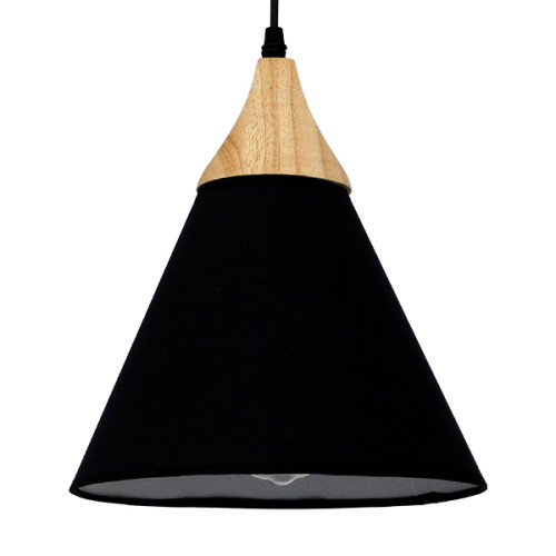 SHADE TEXTILE 01576 Модерна висяща таванна лампа Единична светлина Черен текстил с камбана дърво Φ25 x H30cm