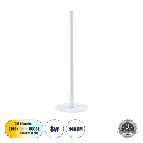 DALUMA 60468 Επιτραπέζιο Φωτιστικό LED CCT 8W 880lm 200° AC 220-240V - Εναλλαγή Φωτισμού μέσω On/Off All In One Ψυχρό 6000k+Φυσικό 4500k+Θερμό 2700k Μ15 x Π15 x Υ46cm - Λευκό - 3 Χρόνια Εγγύηση