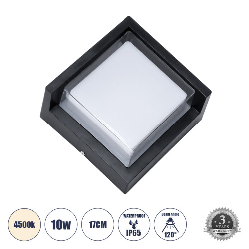 GLOBOSTAR® APEX 60770 Φωτιστικό Τοίχου - Απλίκα Αρχιτεκτονικού Φωτισμού Εσωτερικού/Εξωτερικού Χώρου Up or Down LED 10W 1050lm 120° AC175-265V Αδιάβροχο IP65 - Πλαστικό Σώμα - Φυσικό λευκό 4500K - Μ17 x Π17 x Υ9cm - Μαύρο - Bridgelux Chip - 3 Χρόνια Εγγύηση