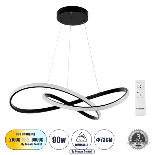 DEXTER 60913 Κρεμαστό Φωτιστικό Οροφής Design LED CCT 90W 10080lm 300° AC 220-240V - Εναλλαγή Φωτισμού μέσω Τηλεχειριστηρίου All In One Ψυχρό 6000k+Φυσικό 4500k+Θερμό 2700k Dimmable Φ73cm - Μαύρο - 3 Years Warranty