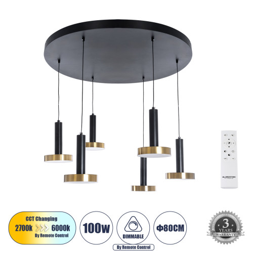 GLOBOSTAR® ZANE 60935 Κρεμαστό Φωτιστικό Design LED CCT 100W 11200lm 120° AC 220-240V IP20 - Εναλλαγή Φωτισμού μέσω Τηλεχειριστηρίου All In One Ψυχρό 6000k+Φυσικό 4500k+Θερμό 2700k Dimmable - Φ100 x Υ18cm - Μαύρο & Χρυσό - 3 Χρόνια Εγγύηση