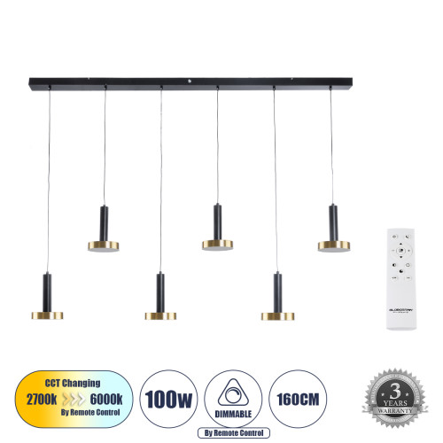 GLOBOSTAR® ZANE 60937 Κρεμαστό Φωτιστικό Design LED CCT 100W 11200lm 120° AC 220-240V IP20 - Εναλλαγή Φωτισμού μέσω Τηλεχειριστηρίου All In One Ψυχρό 6000k+Φυσικό 4500k+Θερμό 2700k Dimmable - Μ160 x Π15 x Υ18cm - Μαύρο & Χρυσό - 3 Χρόνια Εγγύηση