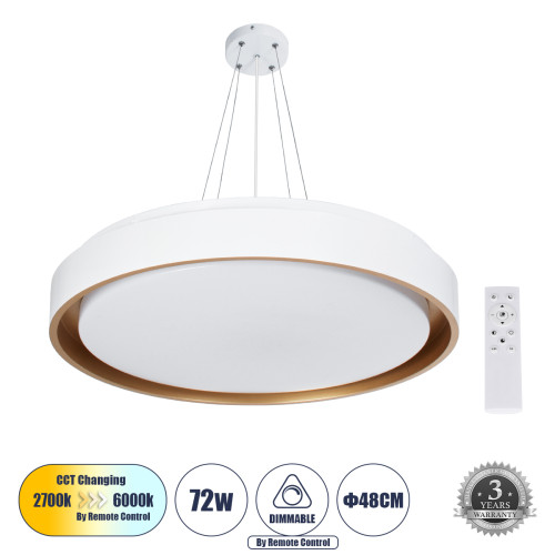  BARCHETTA 61048-P Κρεμαστή Πλαφονιέρα Οροφής LED CCT 72W 8306lm 120° AC 220-240V - Εναλλαγή Φωτισμού μέσω Τηλεχειριστηρίου All In One Ψυχρό 6000k+Φυσικό 4500k+Θερμό 2700k Dimmable Φ48cm - Λευκό με Χρυσό - 3 Years Warranty