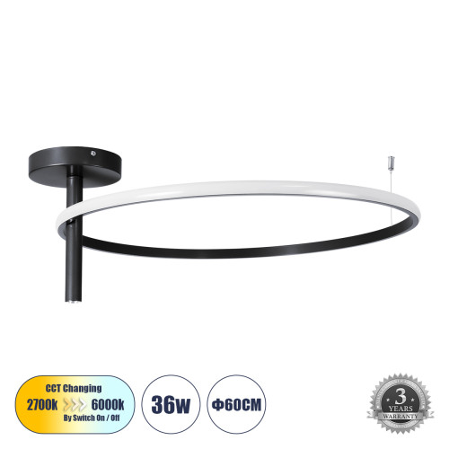 VERONA 61223 Φωτιστικό Οροφής Δαχτυλίδι-Κύκλος LED CCT 36W 4032lm 360° AC 220-240V - Εναλλαγή Φωτισμού μέσω Διακόπτη On/Off All In One Ψυχρό 6000k+Φυσικό 4500k+Θερμό 2700K Φ60 x Υ23cm - Μαύρο - 3 Χρόνια Εγγύηση