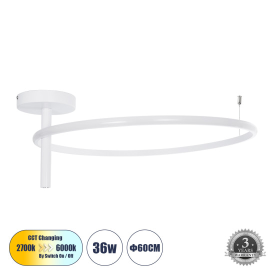 VERONA 61224 Φωτιστικό Οροφής Δαχτυλίδι-Κύκλος LED CCT 36W 4032lm 360° AC 220-240V - Εναλλαγή Φωτισμού μέσω Διακόπτη On/Off All In One Ψυχρό 6000k+Φυσικό 4500k+Θερμό 2700K Φ60 x Υ23cm - Λευκό - 3 Χρόνια Εγγύηση